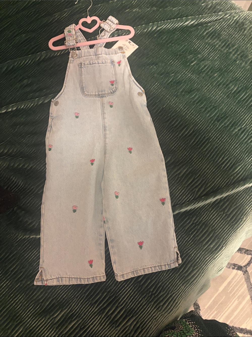 Light Wash Denim Kids Overalls with Pink Floral Embroidery zara